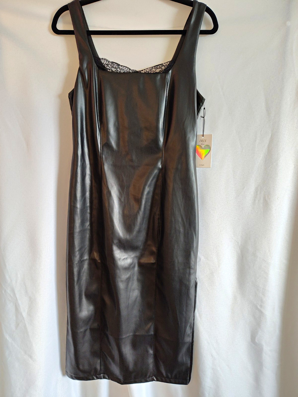 Vampire Goth Black Faux Leather Lace Trim Bodycon Midi Dress Side Slit L Iris LA